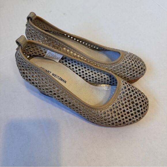 Stuart Weitzman Gold Mesh Cork Wedge Heels Girls Size 2 Kids Dressy Summer - Picture 3 of 11